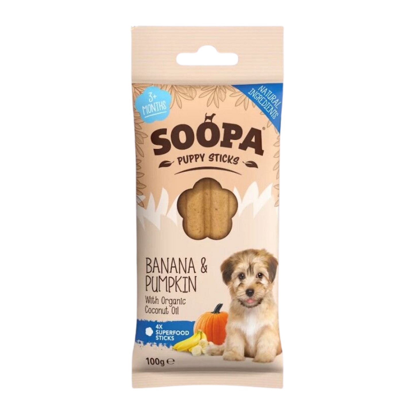 Dentální tyčinky Soopa Puppy s banánem a dýní 100 g