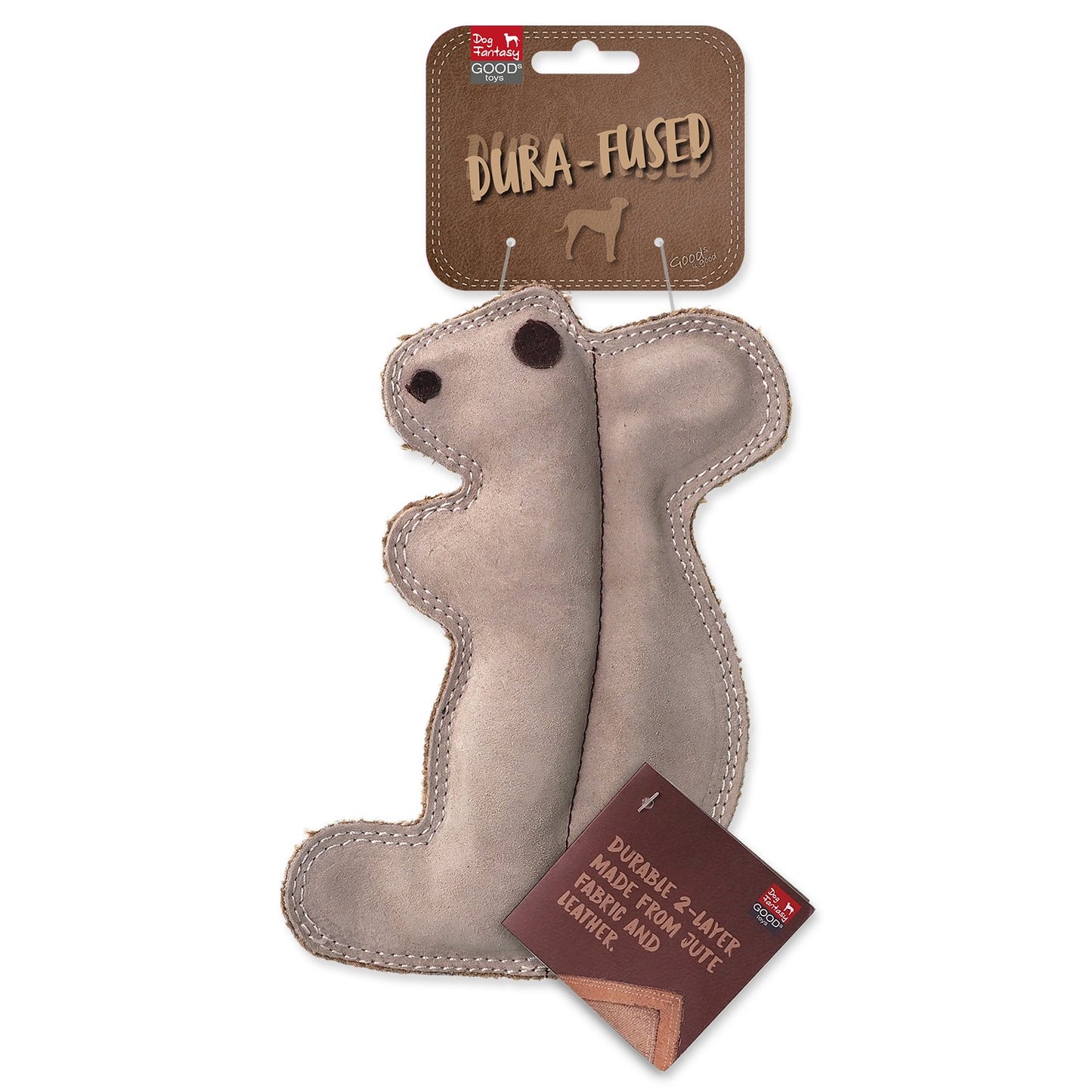 Hračka Dog Fantasy Dura-fused veverka pískací, kůže a juta 20 cm